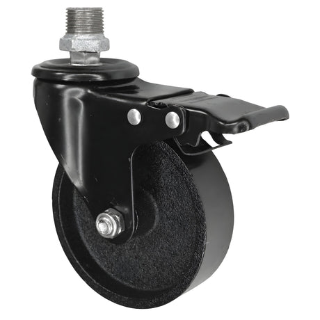 Schwarze Industrie-Lenkrolle mit Bremse und Gusseisenrad 100 mm, 1/2'' (15x21mm) Außengewinde, Fitting aus verzinktem Temperguss
