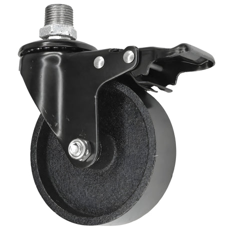 Schwarze Industrie-Lenkrolle mit Bremse und Gusseisenrad 100 mm, Außengewinde, Fitting aus verzinktem Temperguss