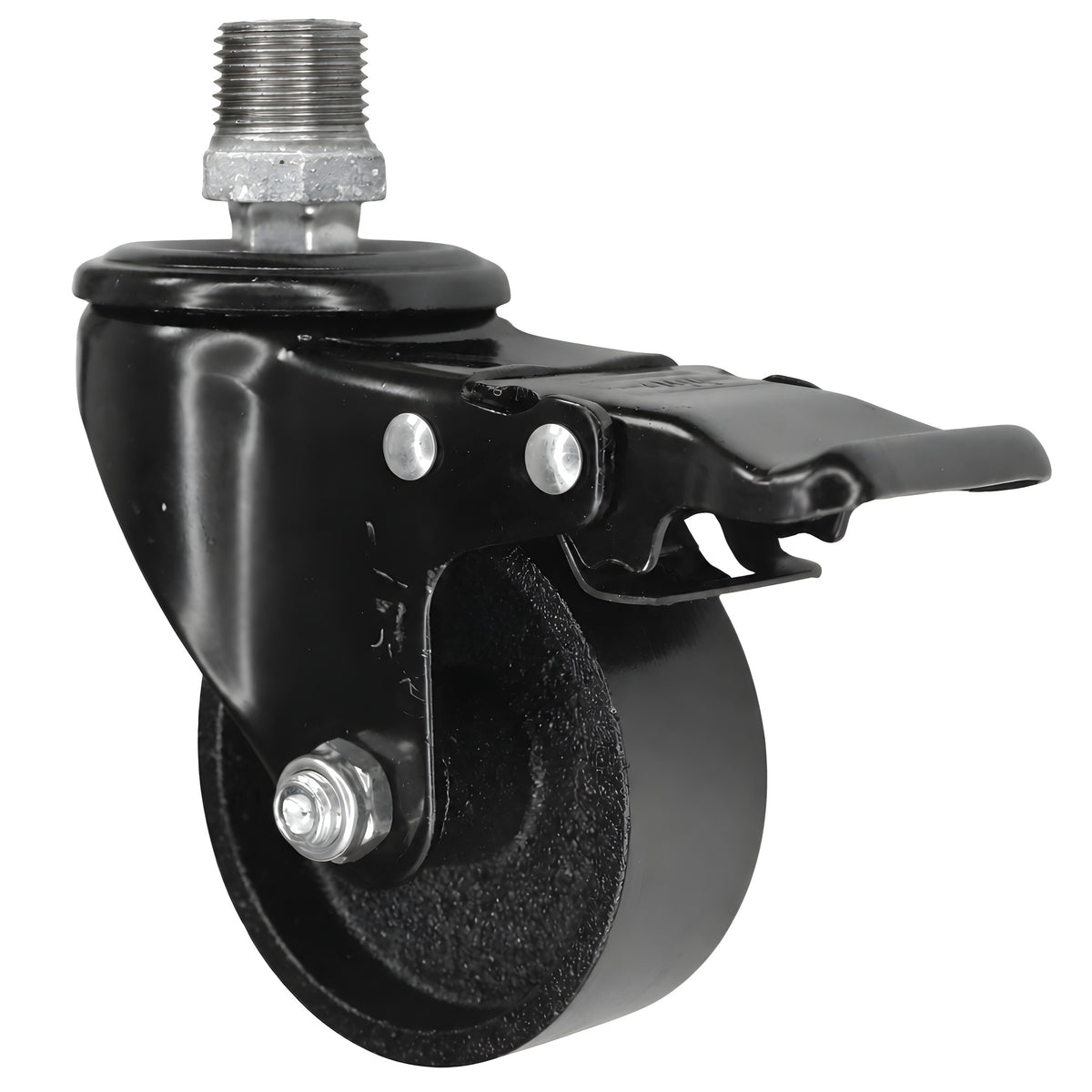 Schwarze Industrie-Lenkrolle mit Bremse und Gusseisenrad 75 mm, 1/2'' (15x21mm) Außengewinde, Fitting aus verzinktem Temperguss