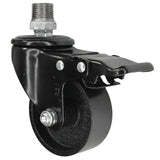 Schwarze Industrie-Lenkrolle mit Bremse und Gusseisenrad 75 mm, 1/2'' (15x21mm) Außengewinde, Fitting aus verzinktem Temperguss