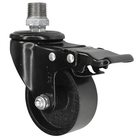 Schwarze Industrie-Lenkrolle mit Bremse und Gusseisenrad 75 mm, 1/2'' (15x21mm) Außengewinde, Fitting aus verzinktem Temperguss