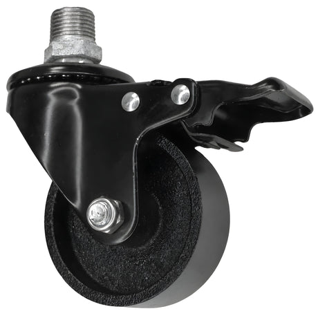 Schwarze Industrie-Lenkrolle mit Bremse und Gusseisenrad 75 mm, Außengewinde, Fitting aus verzinktem Temperguss