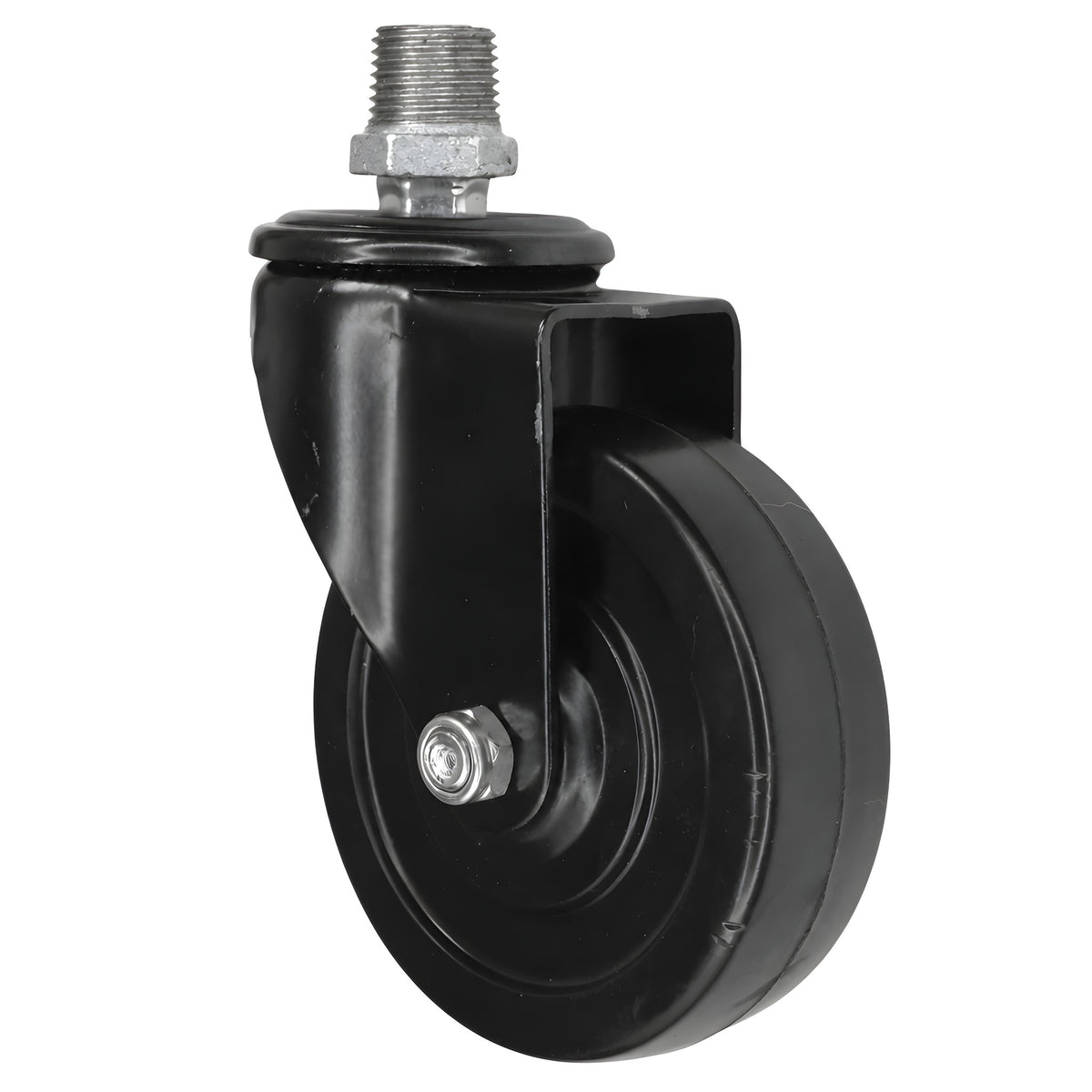 Schwarze Industrie-Lenkrolle mit Gummirad 100 mm, 1/2'' (15x21mm) Außengewinde, Fitting aus verzinktem Temperguss