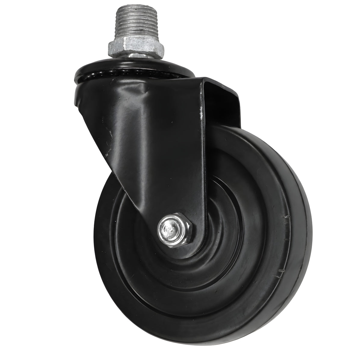 Schwarze Industrie-Lenkrolle mit Gummirad 100 mm, Außengewinde, Fitting aus verzinktem Temperguss