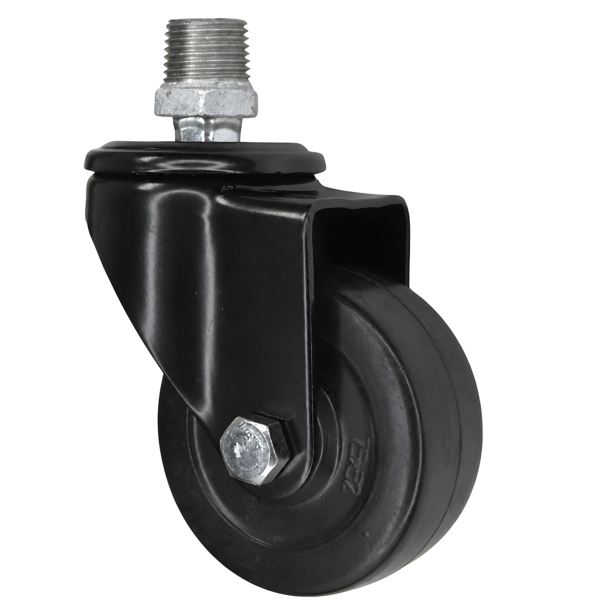 Schwarze Industrie-Lenkrolle mit Gummirad 75 mm, Außengewinde, Fitting aus verzinktem Temperguss