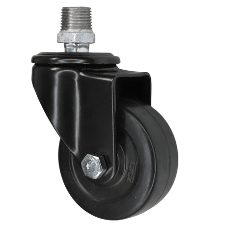 Schwarze Industrie-Lenkrolle mit Gummirad 75 mm, Außengewinde, Fitting aus verzinktem Temperguss