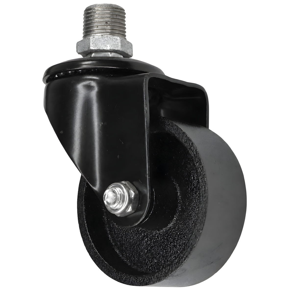 Schwarze Industrie-Lenkrolle mit Gusseisenrad 75 mm, Außengewinde, Fitting aus verzinktem Temperguss