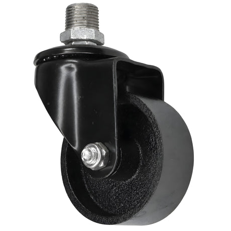 Schwarze Industrie-Lenkrolle mit Gusseisenrad 75 mm, Außengewinde, Fitting aus verzinktem Temperguss