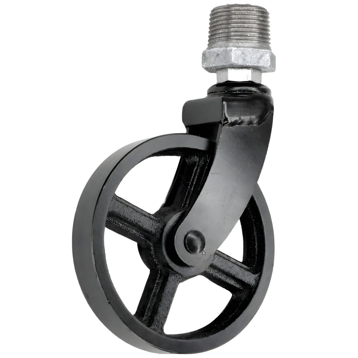 Schwarze Industrie-Lenkrolle mit Metallrad 90 mm, Außengewinde, Fitting aus verzinktem Temperguss