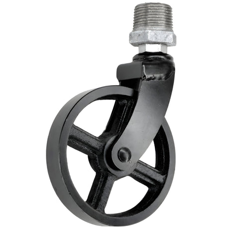 Schwarze Industrie-Lenkrolle mit Metallrad 90 mm, Außengewinde, Fitting aus verzinktem Temperguss