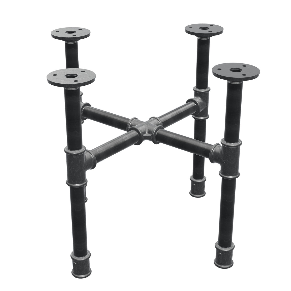 Industrielles Couchtisch-Gestell aus Gusseisen, Kreuzfuß, 38 × 38 cm, Höhe 32 cm, Dreiviertelansicht