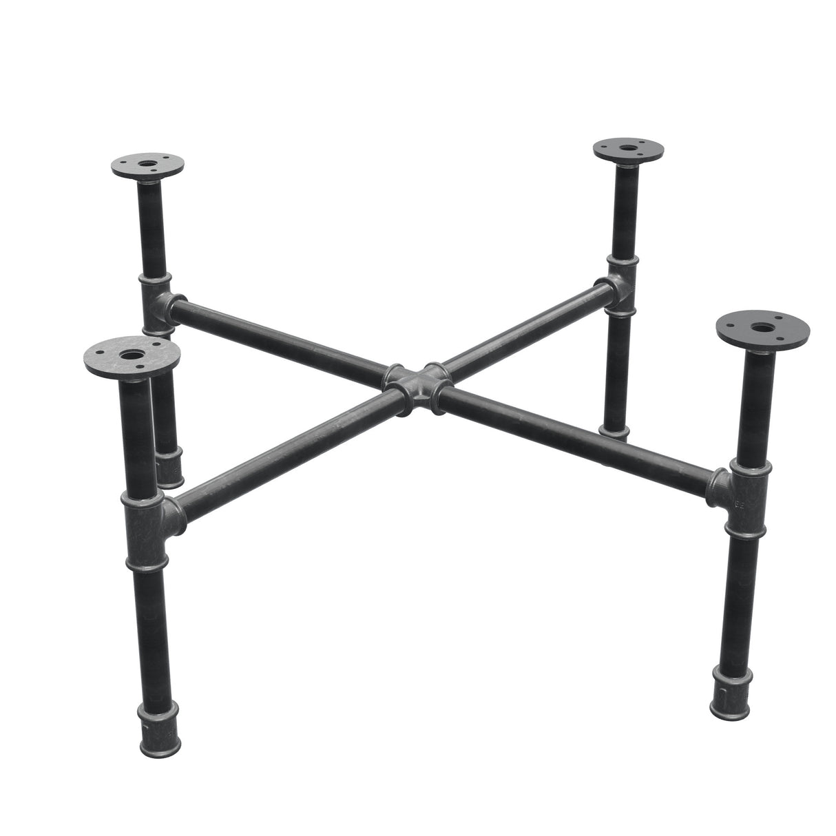 Industrielles Couchtisch-Gestell aus Gusseisen, Kreuzfuß, 68 × 68 cm, Höhe 32 cm, Dreiviertelansicht