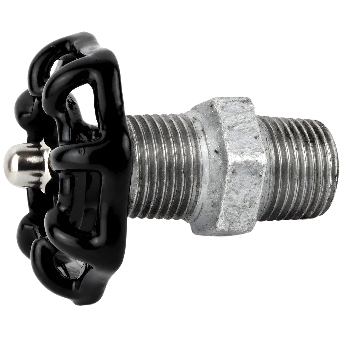 Schwarzes Handrad 52 mm auf Nippel, 1/2'' mit Edelstahlmutter, Fitting aus verzinktem Gusseisen
