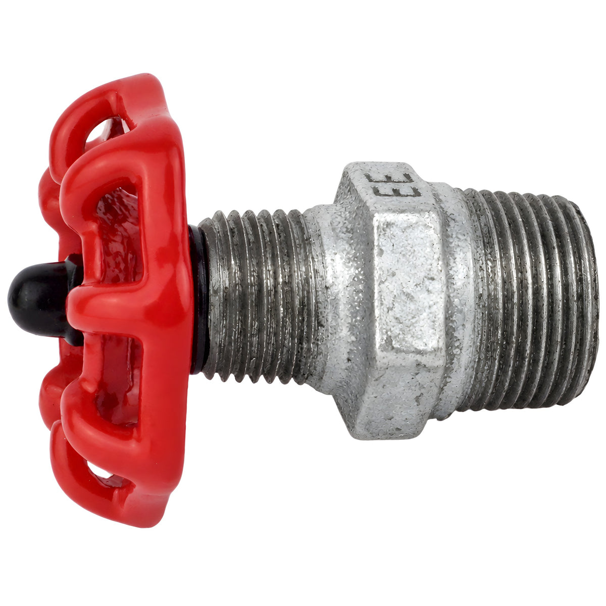 Rotes Handrad 52 mm auf Nippel, schwarze Mutter, Fitting aus verzinktem Temperguss