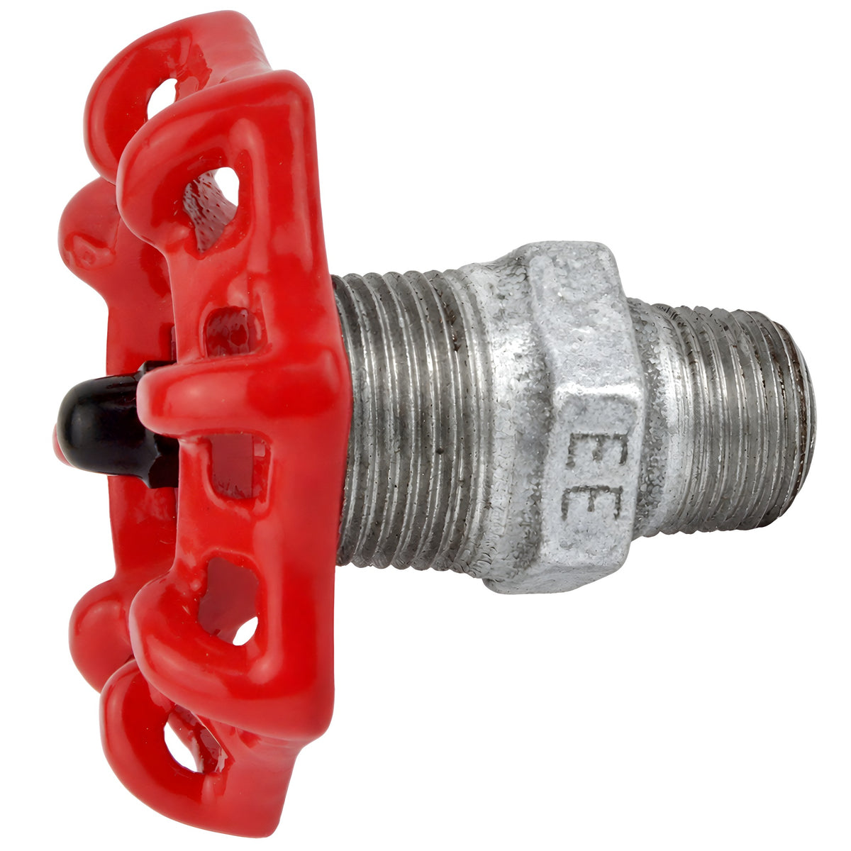 Rotes Handrad 72 mm auf Nippel, 1/2'' mit schwarzer Mutter, Fitting aus verzinktem Temperguss